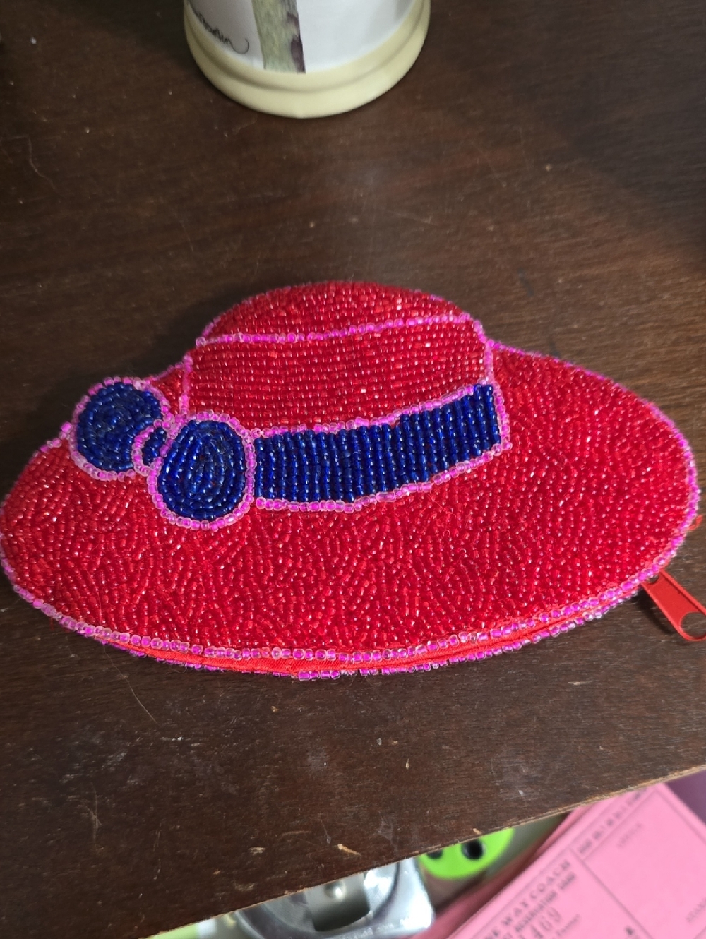 C. Marie Beaded Red Hat Society Clutch Pouch with Pink Trim